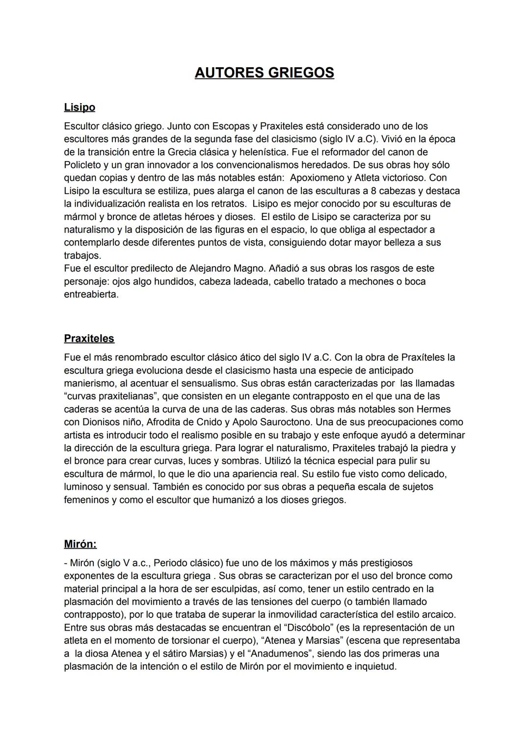 # AUTORES GRIEGOS

Lisipo

Escultor clásico griego. Junto con Escopas y Praxiteles está considerado uno de los
escultores más grandes de la 