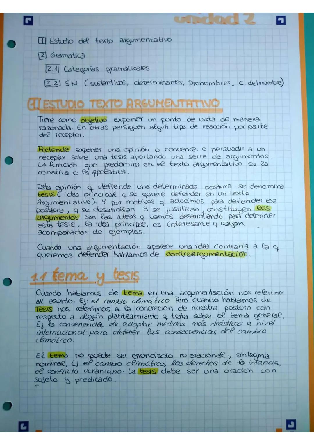 Estudio del texto argumentativo
Gramatica
undadk?
12.11 Categorias gramaticales
(22) SN (sustantivos, determinantes, pronombres, C.del nombr