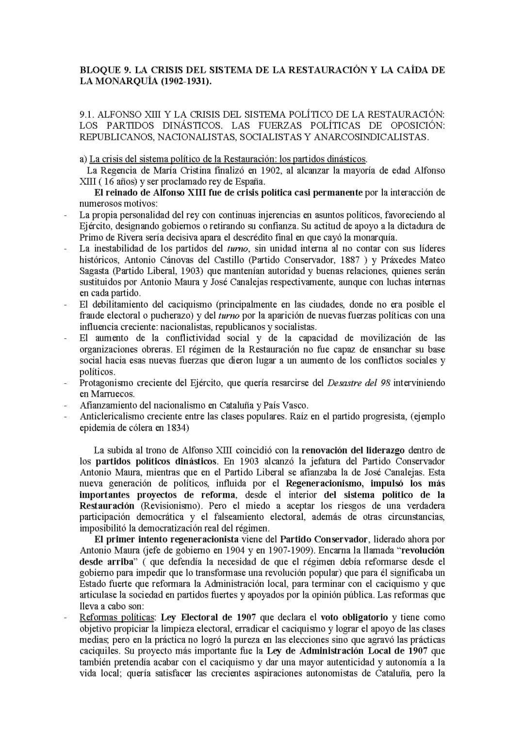 BLOQUE 9. LA CRISIS DEL SISTEMA DE LA RESTAURACIÓN Y LA CAÍDA DE LA MONARQUÍA (1902-1931).