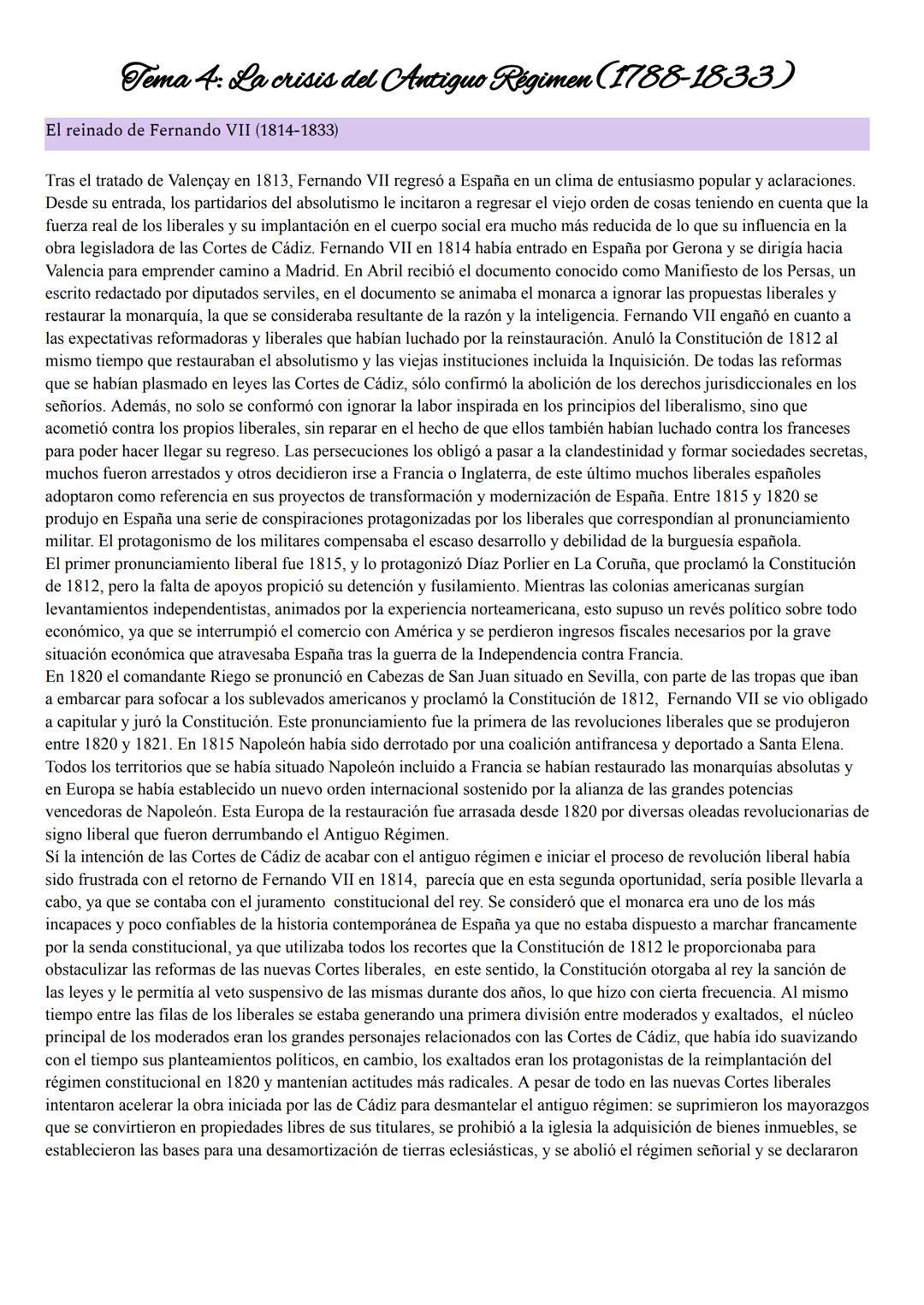 # Tema 4: La crisis del Antiguo Régimen (1788-1833)

El reinado de Fernando VII (1814-1833)

Tras el tratado de Valençay en 1813, Fernando V