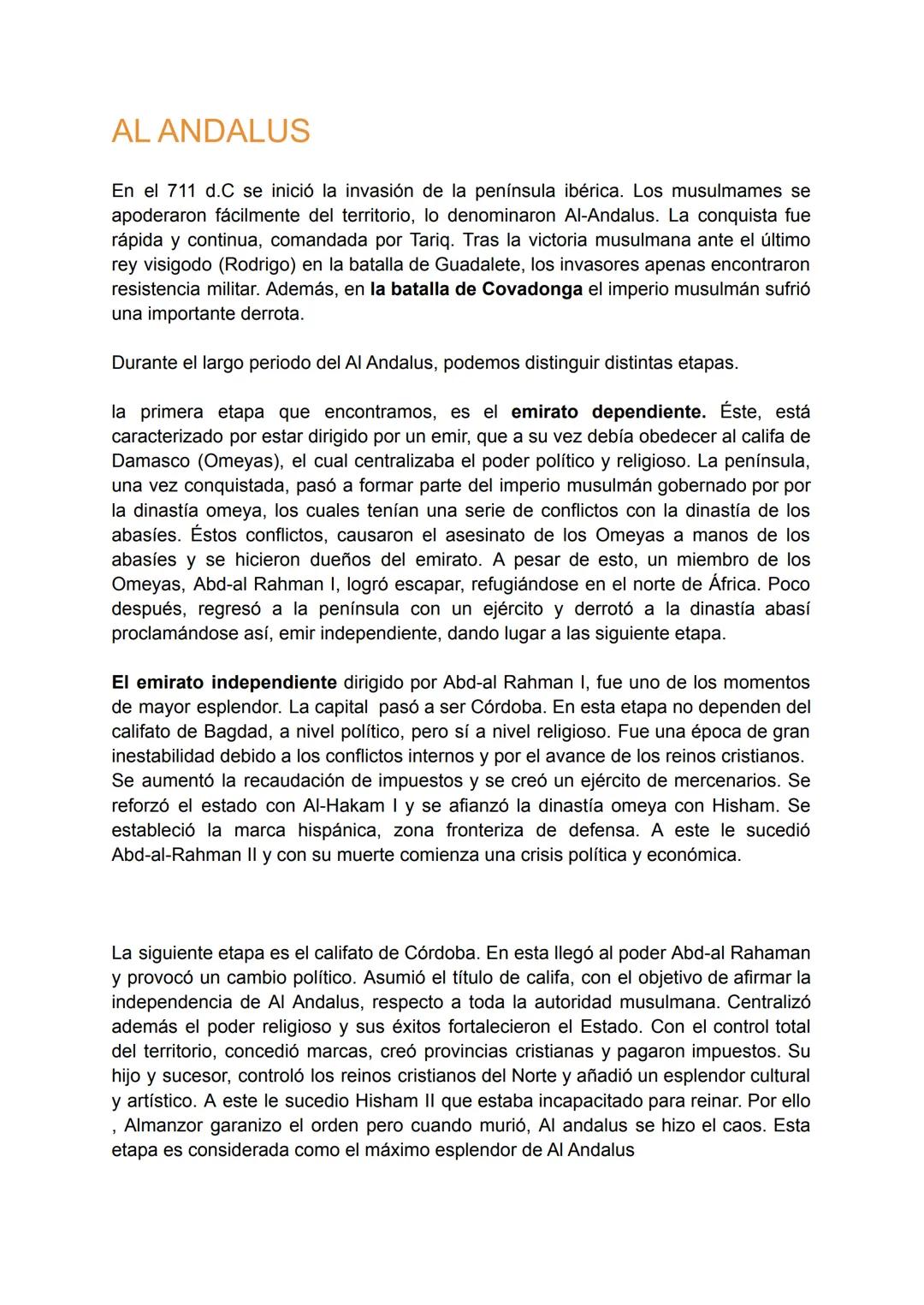 AL ANDALUS
En el 711 d.C se inició la invasión de la península ibérica. Los musulmames se
apoderaron fácilmente del territorio, lo denominar