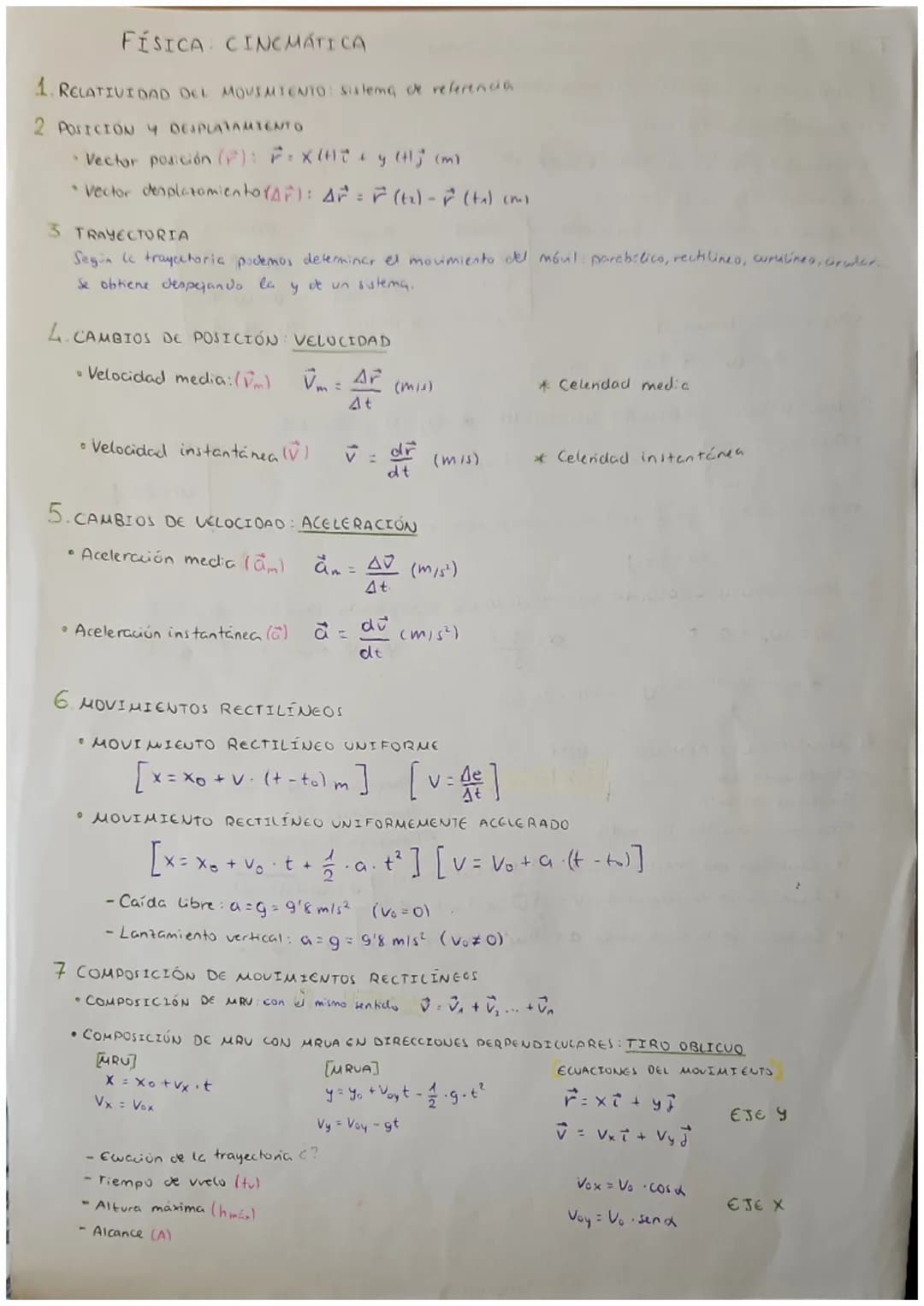 FÍSICA CINCMÁTICA
1. RELATIVIDAD DEL MOVIMIENTO: Sistema de referencia
2 POSICIÓN 4 DESPLAZAMIENTO
• Vector posición (F): F = X (HT + y (t);