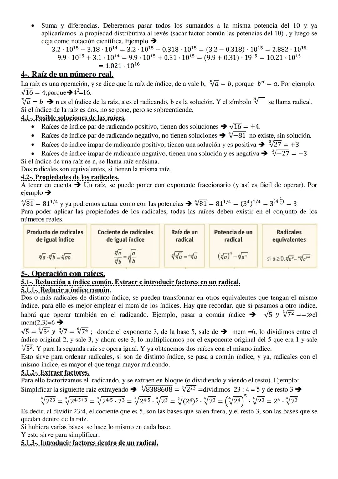 Tema 2. Potencias y raíces.
1-. Potencias de exponente entero.
Se llama potencia de base a, y de exponente n, con n número natural, a la exp