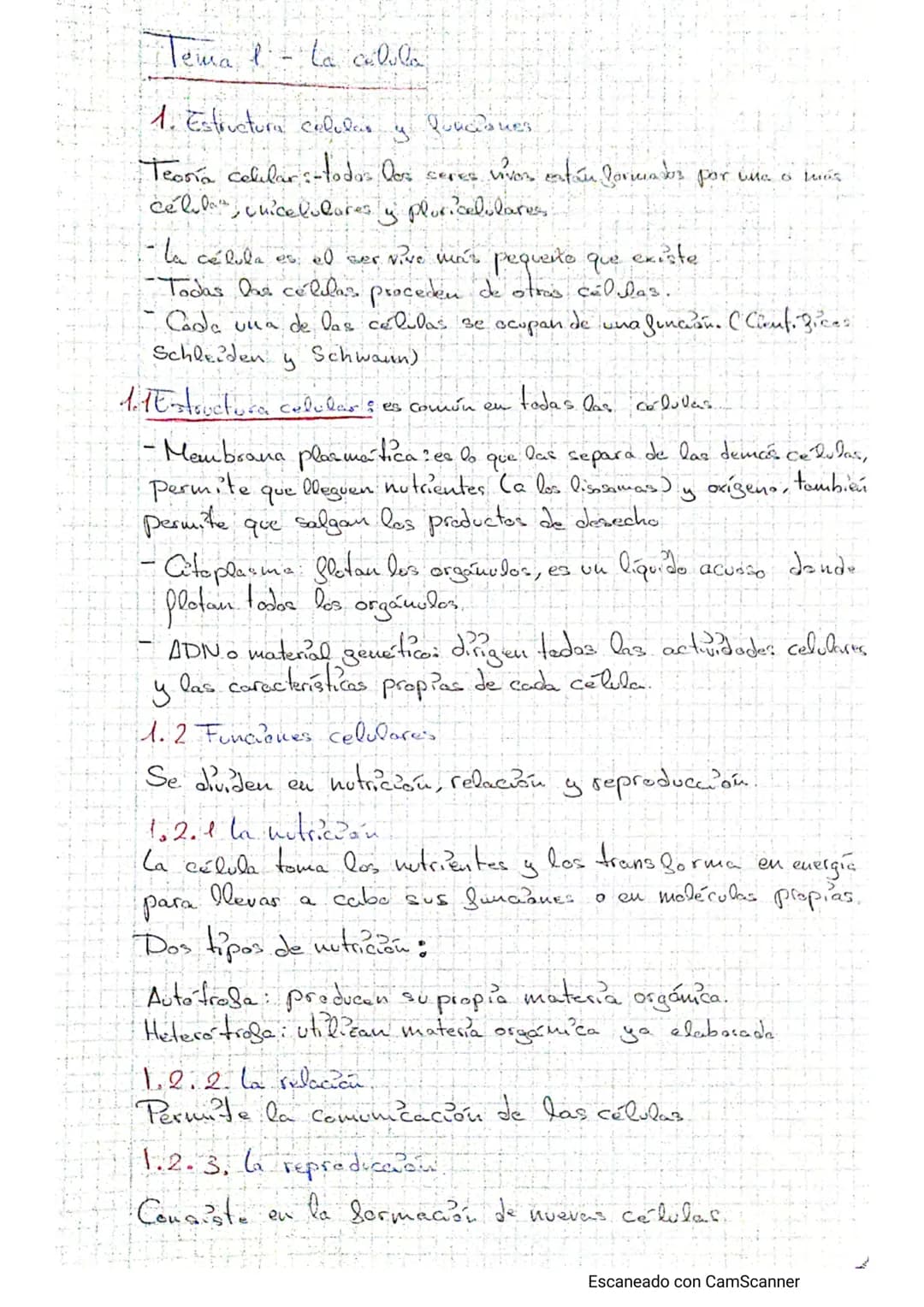 Tema - La calulba
1. Estructura celular y funciones
Teoría celulars-todos los seres vivos están formados por lite o tuos
célula, cuicelulare