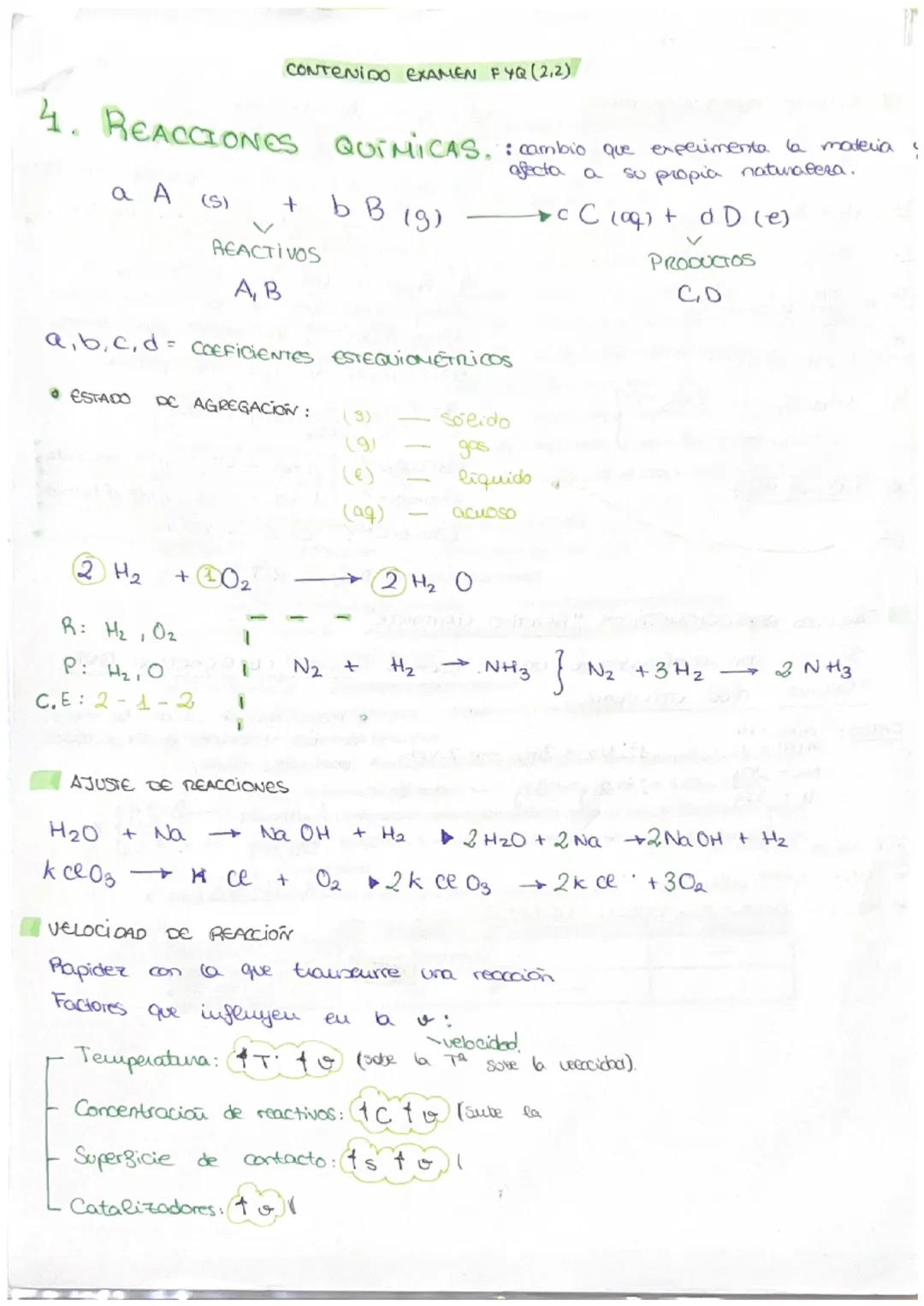 CONTENIDO EXAMEN FYQ (2.2)

4. REACCIONES QUIMICAS. : cambio que experimenta la materia
afecta a su propia naturaleza.

a A (S) + b B (g) →C