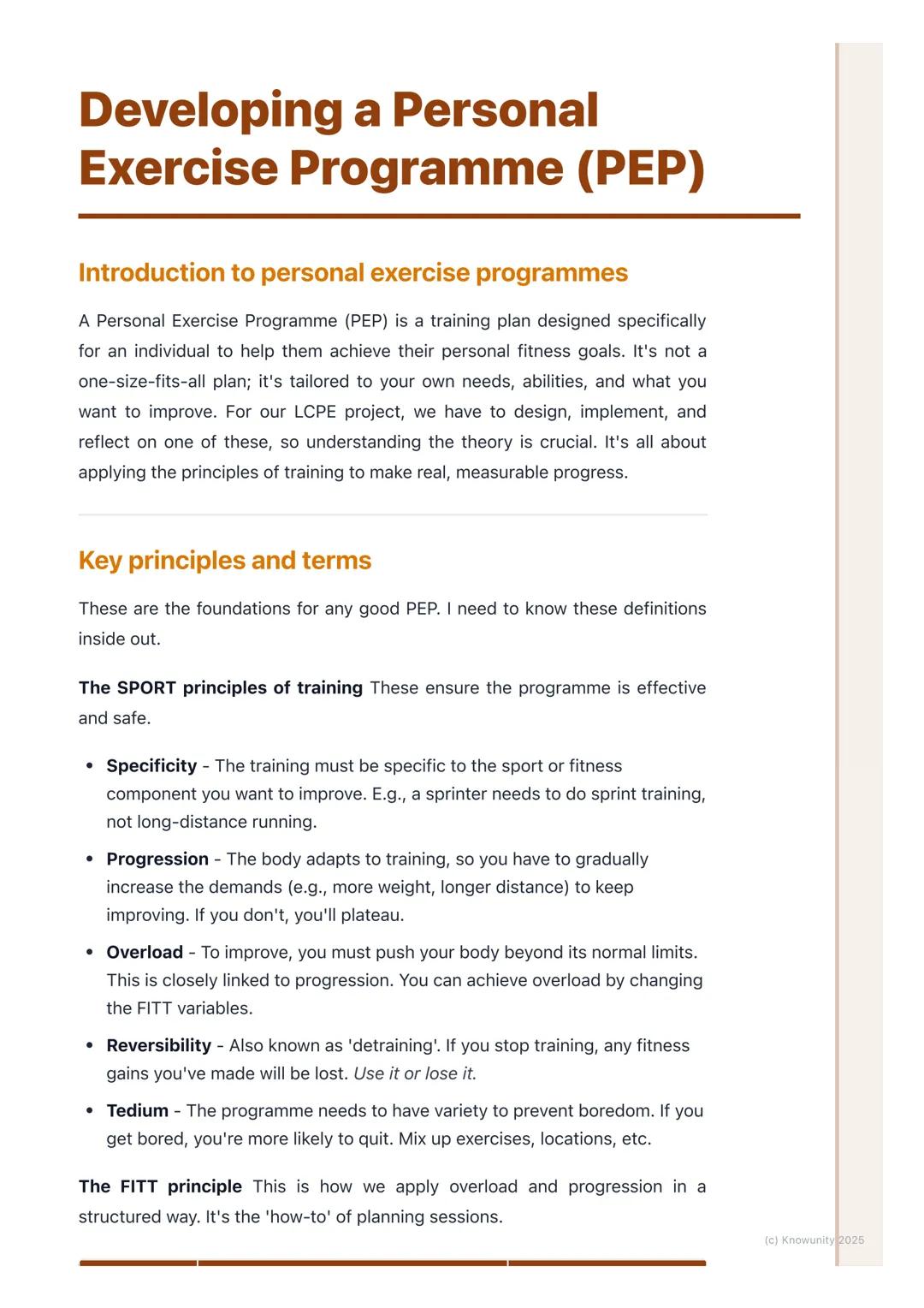# Developing a Personal
Exercise Programme (PEP)

Introduction to personal exercise programmes

A Personal Exercise Programme (PEP) is a tra