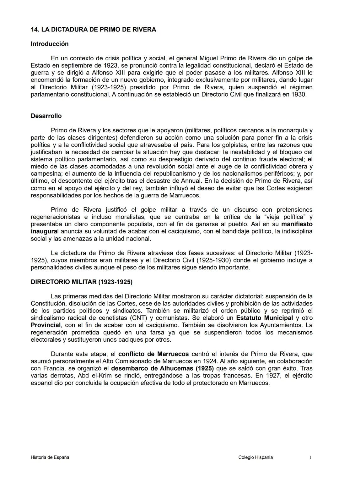 # 14. LA DICTADURA DE PRIMO DE RIVERA

Introducción

En un contexto de crisis política y social, el general Miguel Primo de Rivera dio un go