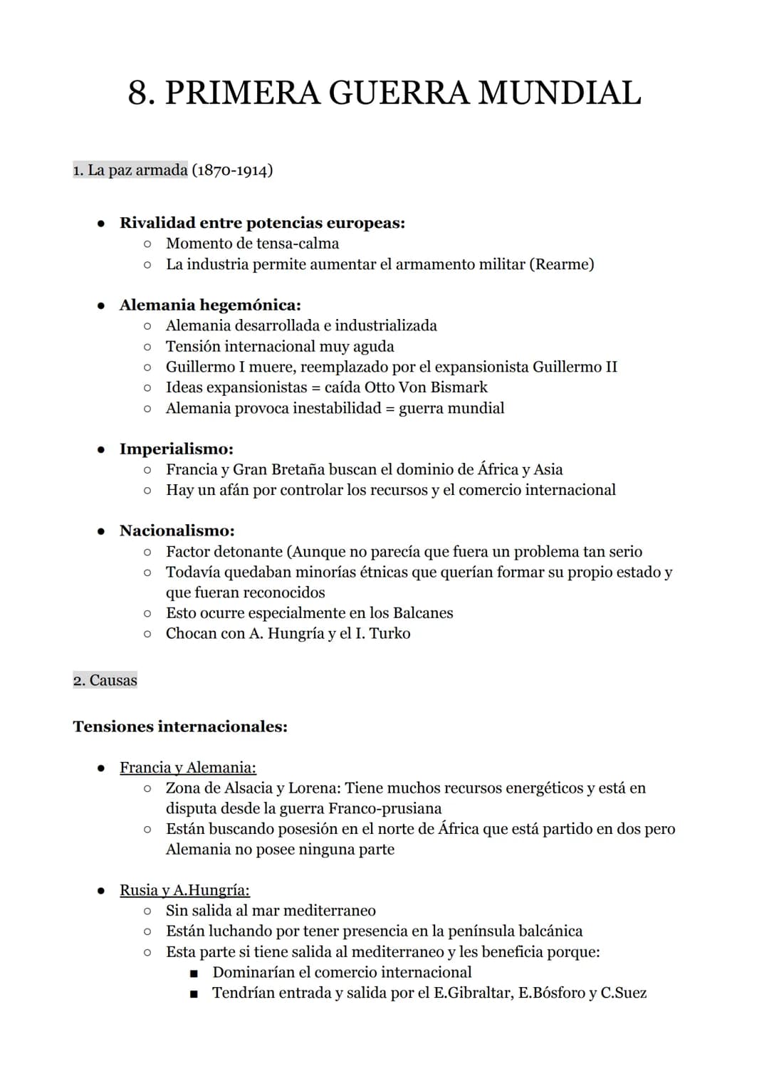 8. PRIMERA GUERRA MUNDIAL
1. La paz armada (1870-1914)
Rivalidad entre potencias europeas:
O Momento de tensa-calma
O La industria permite a