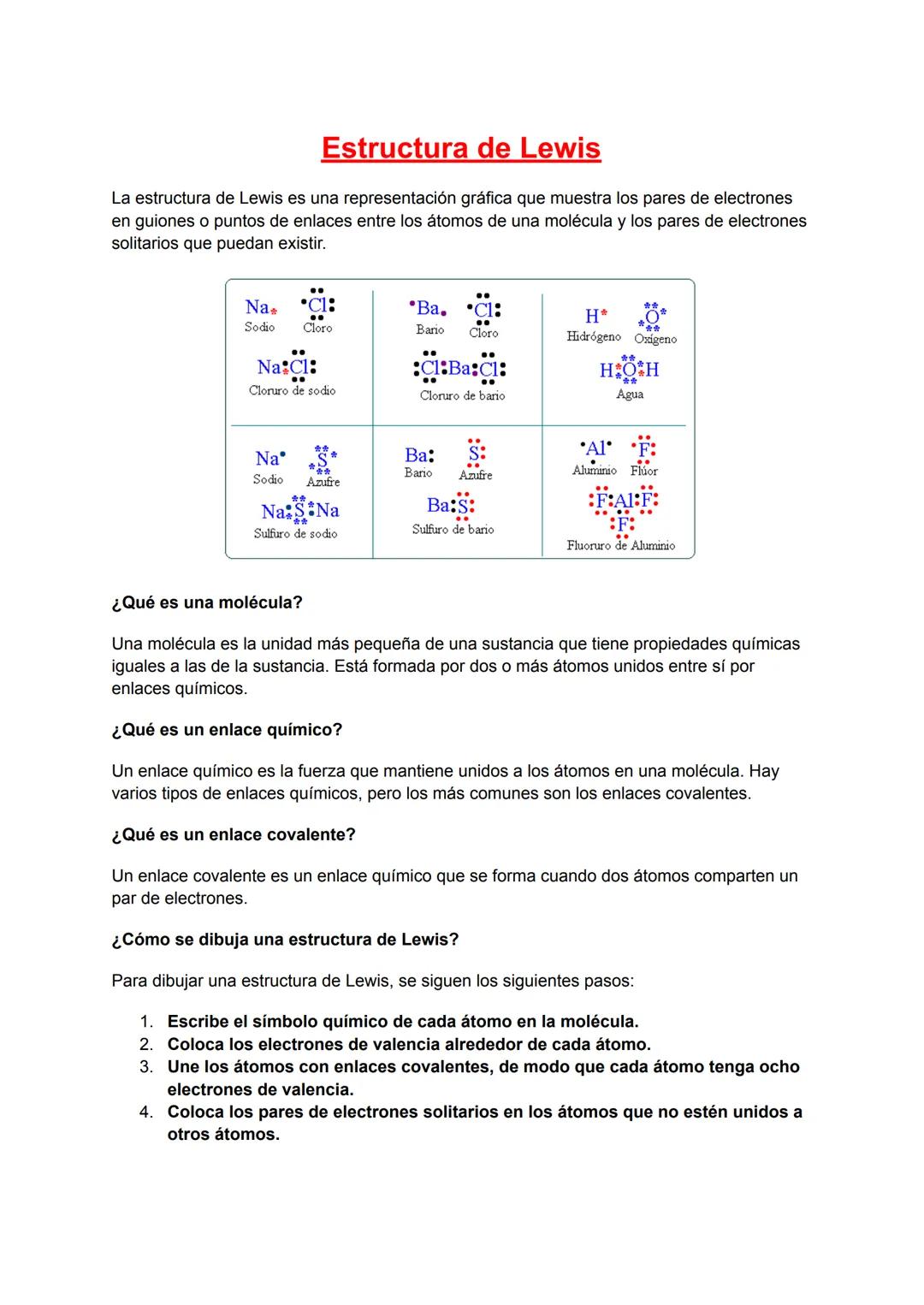Estructura de Lewis
La estructura de Lewis es una representación gráfica que muestra los pares de electrones
en guiones o puntos de enlaces 