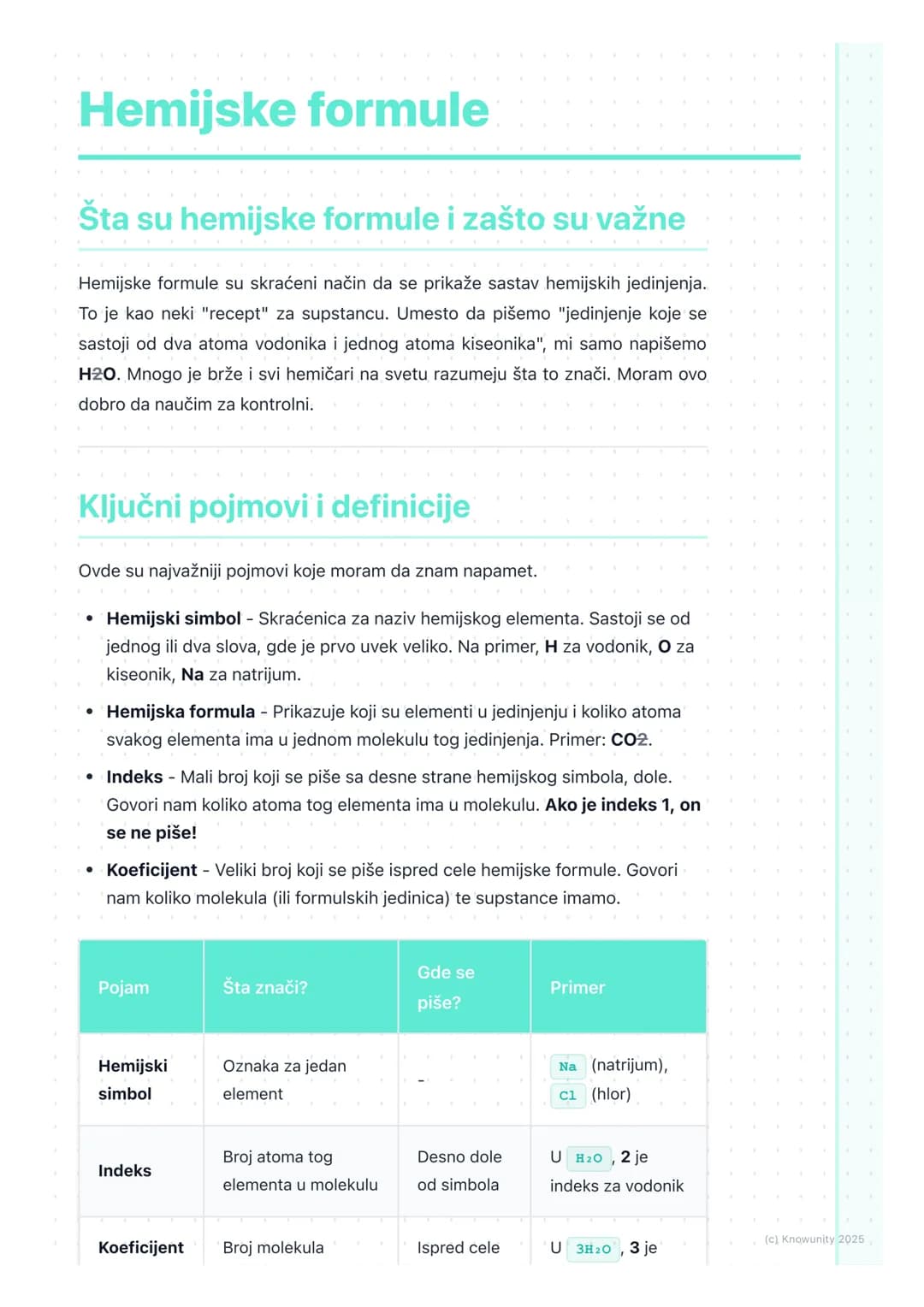 # Hemijske formule

## Šta su hemijske formule i zašto su važne

Hemijske formule su skraćeni način da se prikaže sastav hemijskih jedinjenj