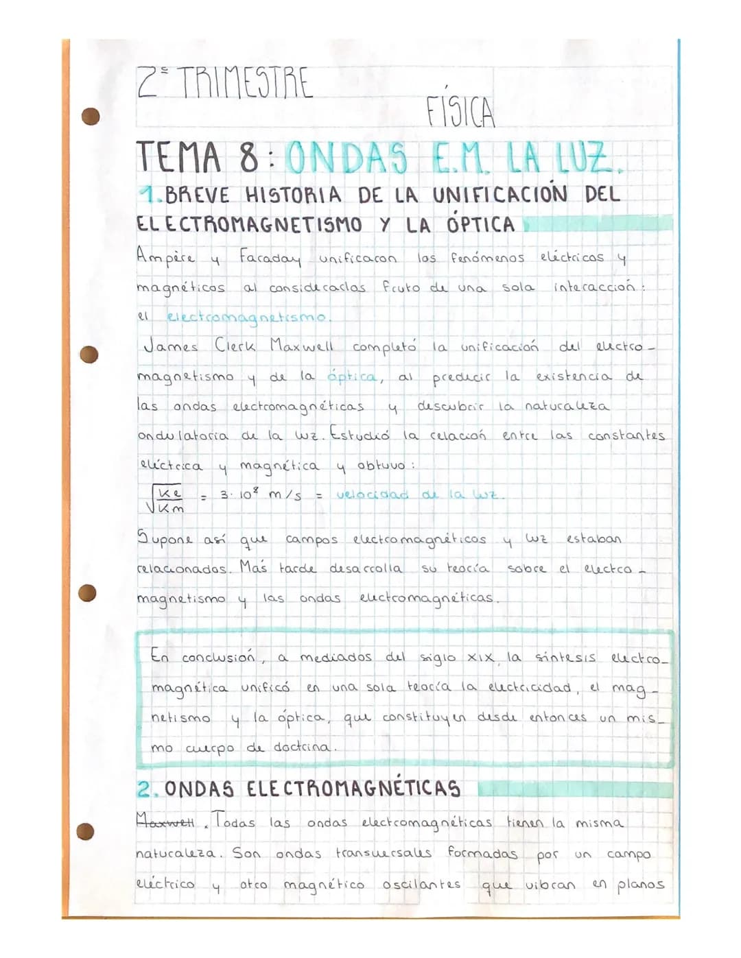 2 TRIMESTRE
FÍSICA
TEMA 8: ONDAS E.M. LA LUZ
1.BREVE HISTORIA DE LA UNIFICACIÓN DEL
ELECTROMAGNETISMO Y LA OPTICA
Ampère y Faraday unificaro