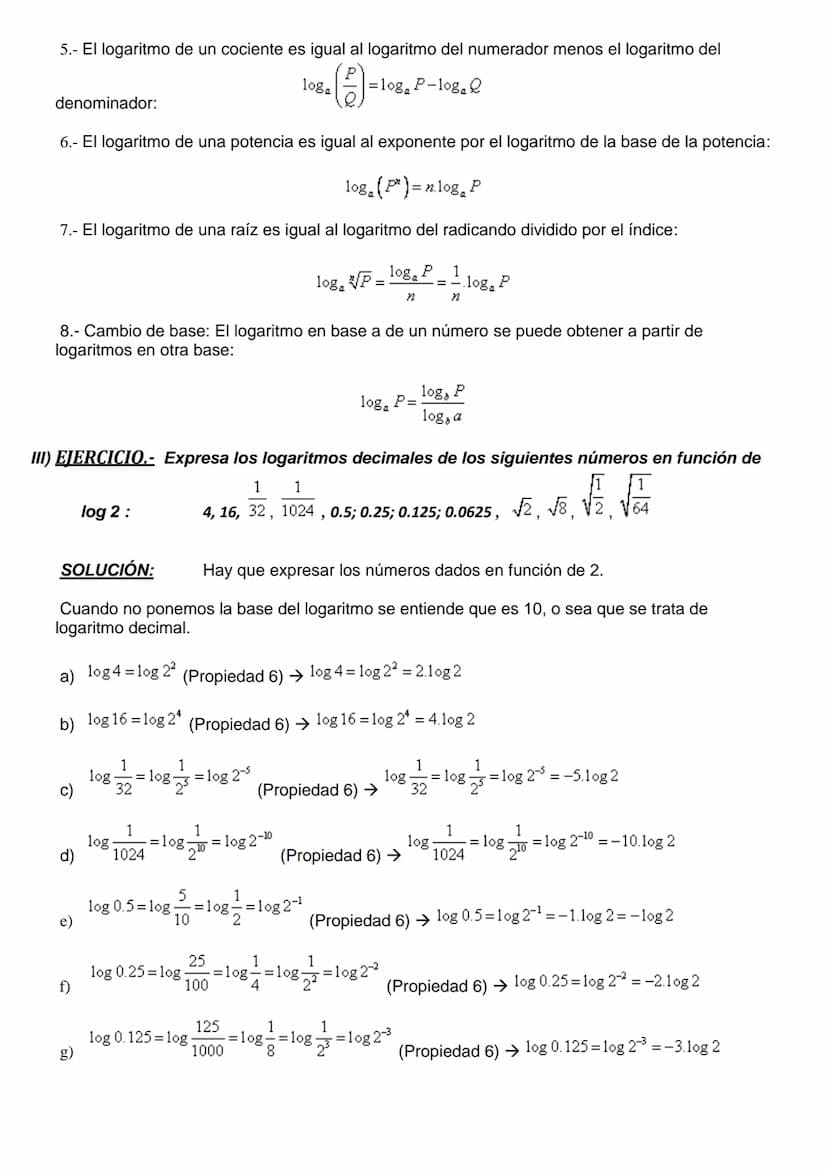 I) DEFINICIÓN Y EJEMPLOS.-
DEFINICIÓN.- Logaritmo de un número es el exponente al que hay que elevar la base para que
nos de dicho número.
l