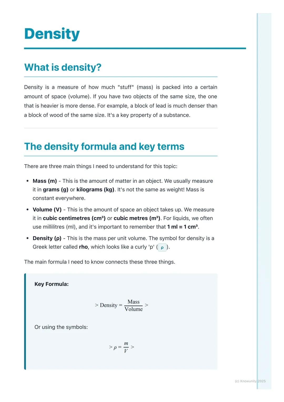 # Density

## What is density?

Density is a measure of how much "stuff" (mass) is packed into a certain
amount of space (volume). If you ha