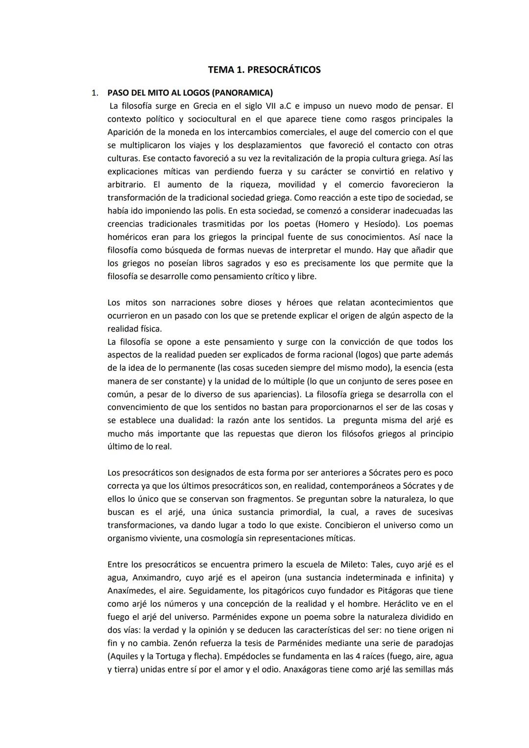1.
TEMA 1. PRESOCRÁTICOS
PASO DEL MITO AL LOGOS (PANORAMICA)
La filosofía surge en Grecia en el siglo VII a.C e impuso un nuevo modo de pens