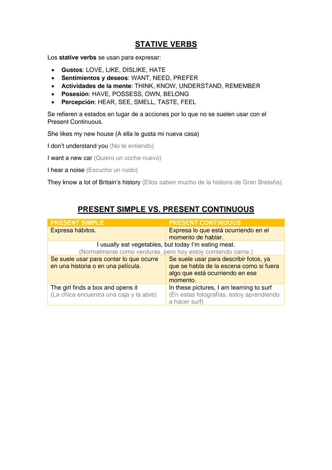 PRESENT SIMPLE / PRESENT CONTINUOUS
PRESENT SIMPLE
Formación:
Afirmativa: SUJETO + VERBO EN INFINITO SIN TO (3ª PERSONA DEL
SINGULAR: AÑADIM