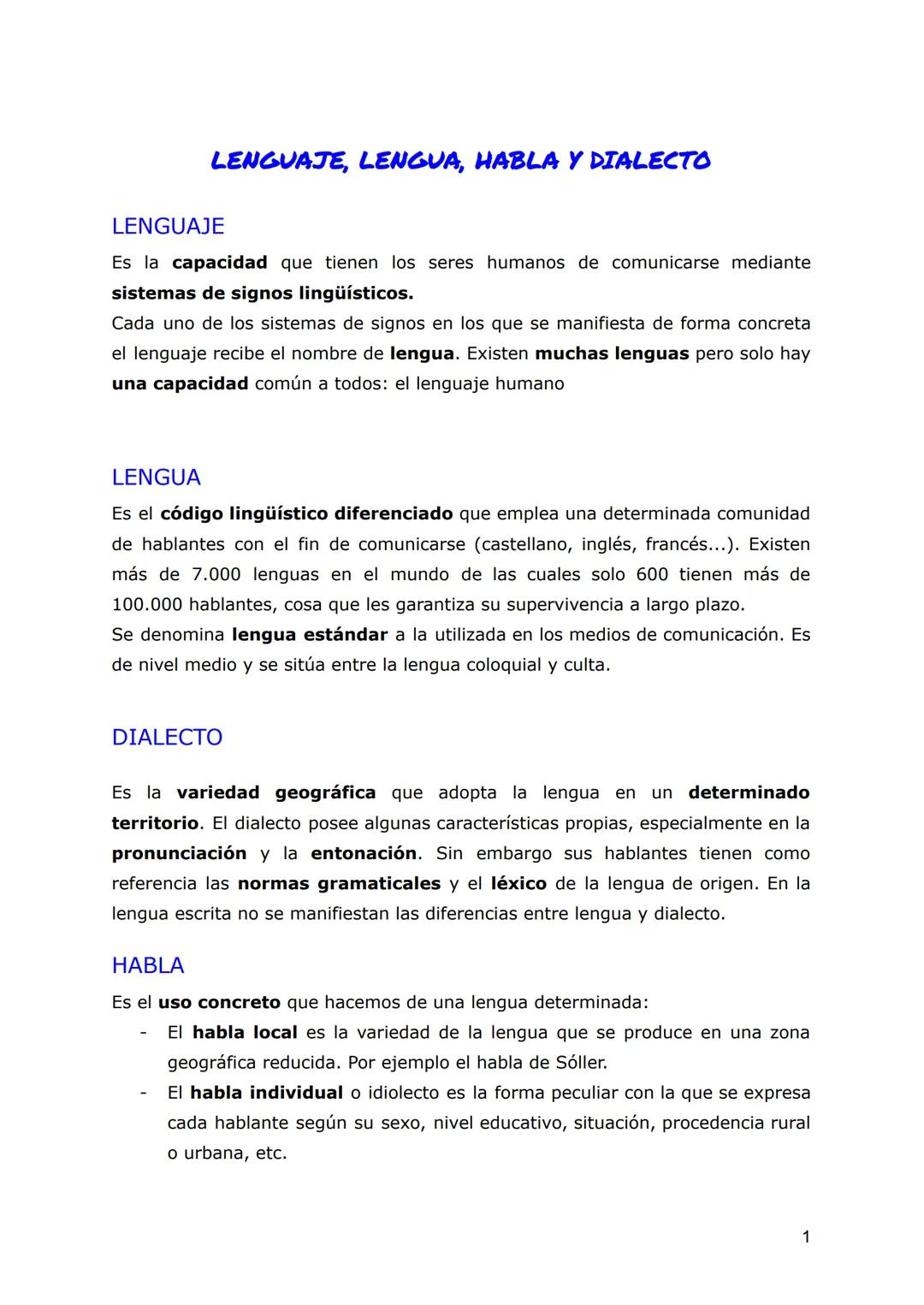 LENGUAJE, LENGVA, HABLA Y DIALECTO
LENGUAJE
Es la capacidad que tienen los seres humanos de comunicarse mediante
sistemas de signos lingüíst