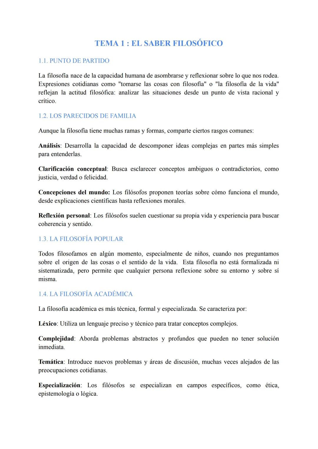 # TEMA 1: EL SABER FILOSÓFICO

1.1. PUNTO DE PARTIDO
La filosofia nace de la capacidad humana de asombrarse y reflexionar sobre lo que nos r