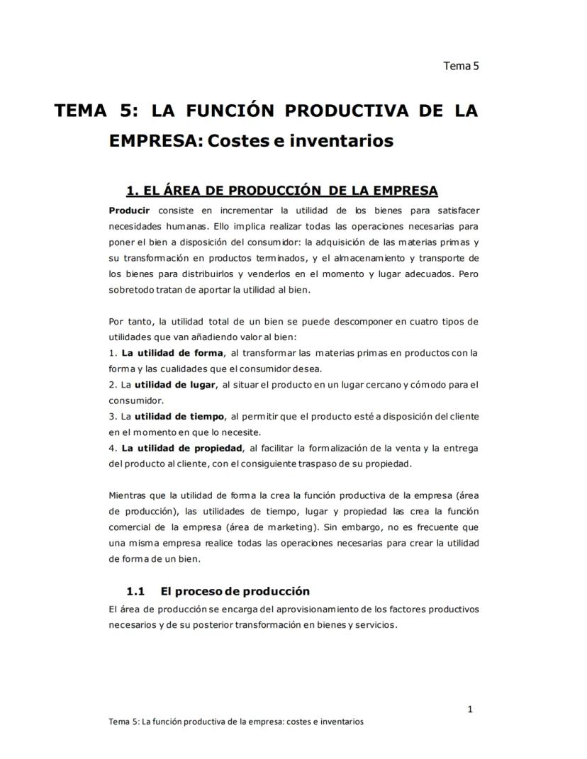 Tema 5
TEMA 5: LA FUNCIÓN PRODUCTIVA DE LA
EMPRESA: Costes e inventarios
1. EL ÁREA DE PRODUCCIÓN DE LA EMPRESA
Producir consiste en increme