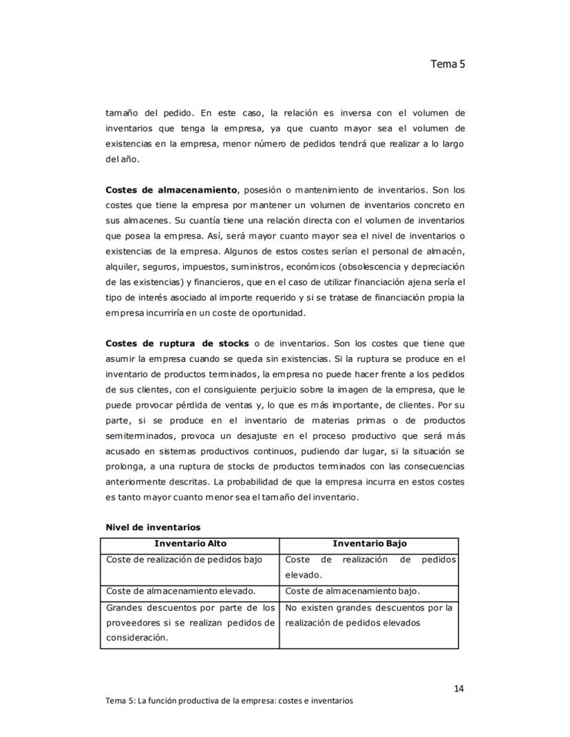 Tema 5
TEMA 5: LA FUNCIÓN PRODUCTIVA DE LA
EMPRESA: Costes e inventarios
1. EL ÁREA DE PRODUCCIÓN DE LA EMPRESA
Producir consiste en increme