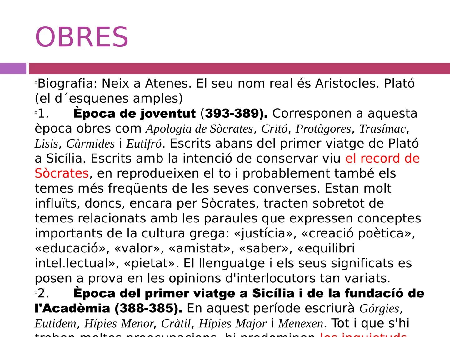 # TEMA 3: PLATÓ # ÍNDEX

- BIOGRAFIA I OBRES
- CONTEXT HISTÒRIC, SOCIAL I CULTURAL
- TEORIA DE LES IDEES
- COSMOGONIA
- TEORIA DEL CONEIXEME