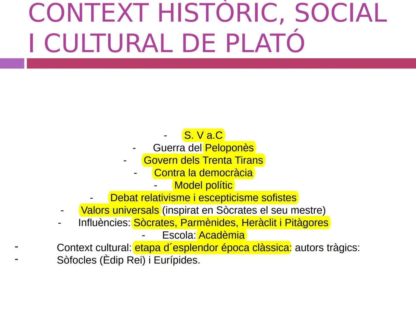 # TEMA 3: PLATÓ # ÍNDEX

- BIOGRAFIA I OBRES
- CONTEXT HISTÒRIC, SOCIAL I CULTURAL
- TEORIA DE LES IDEES
- COSMOGONIA
- TEORIA DEL CONEIXEME