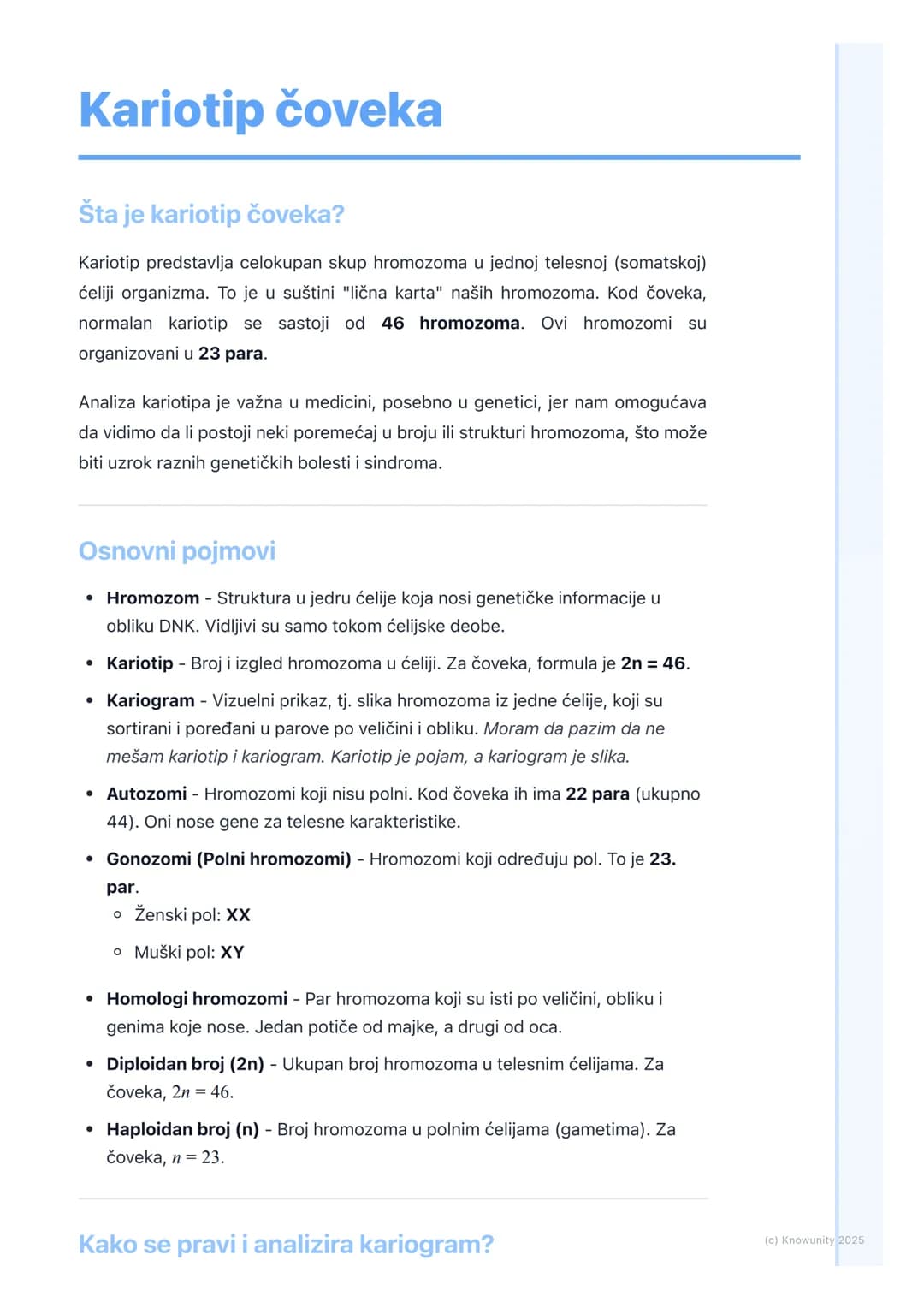 # Kariotip čoveka

Šta je kariotip čoveka?

Kariotip predstavlja celokupan skup hromozoma u jednoj telesnoj (somatskoj)
ćeliji organizma. To