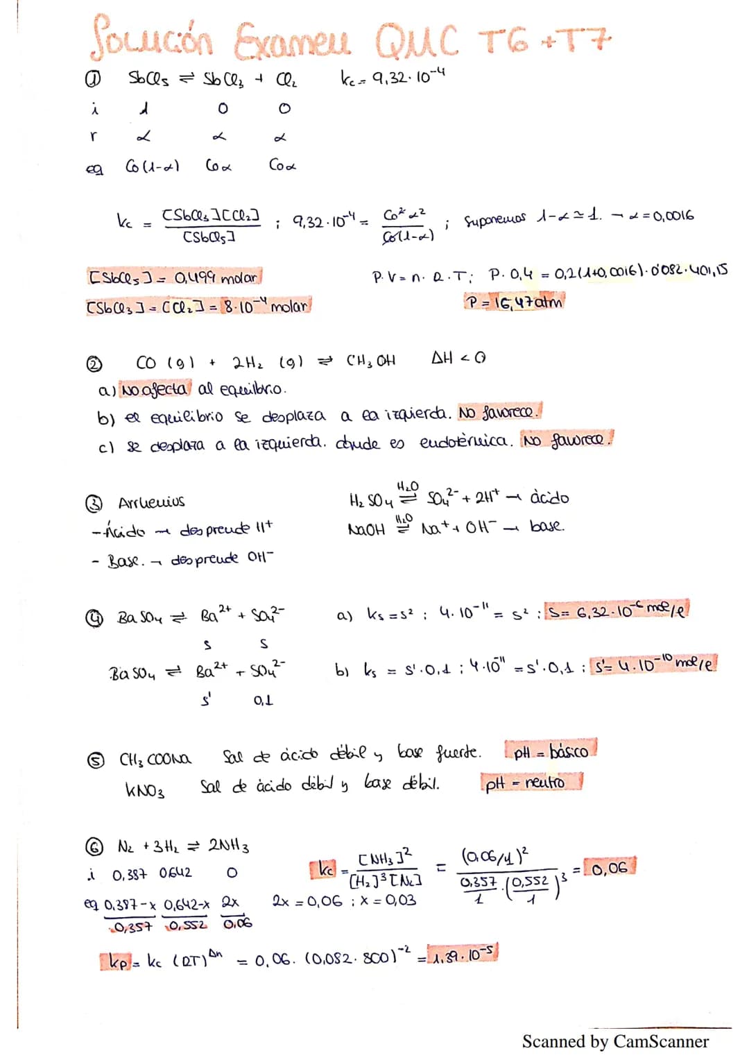 Temas 6 y 7 "Equilibrio químico, solubilidad y Ácido-base"
1.- Para la reacción:
SbCl, (g)
SbCl3 (g) + Cl₂ (g)
Kc, a la temperatura de 128ºC