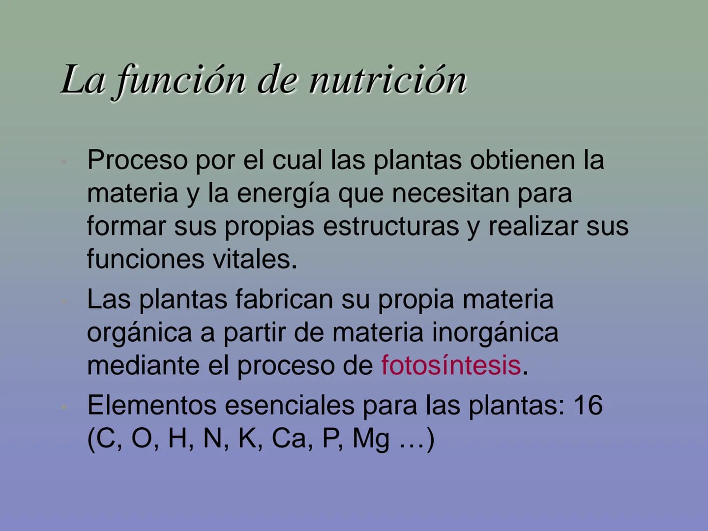 Tema 11: La nutrición en las plantas
Dióxido de carbono
Savia
bruta
Agua
Luz
Agua
Oxígeno
Savia
elaborada
Sales
minerales La función de nutr