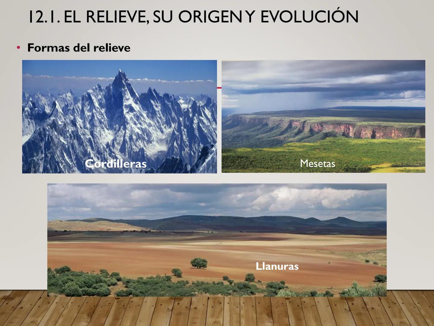 TEMA N° 12. EL RELIEVE TERRESTRE
El relieve es el conjunto de accidentes de la superficie terrestre: montañas,
cerros, valles, cañones, sima