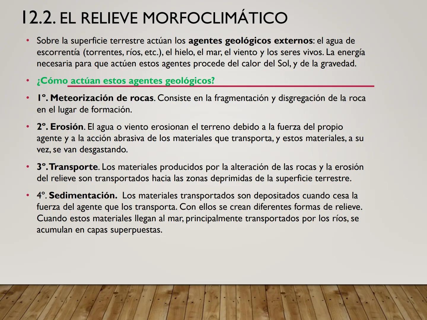 TEMA N° 12. EL RELIEVE TERRESTRE
El relieve es el conjunto de accidentes de la superficie terrestre: montañas,
cerros, valles, cañones, sima