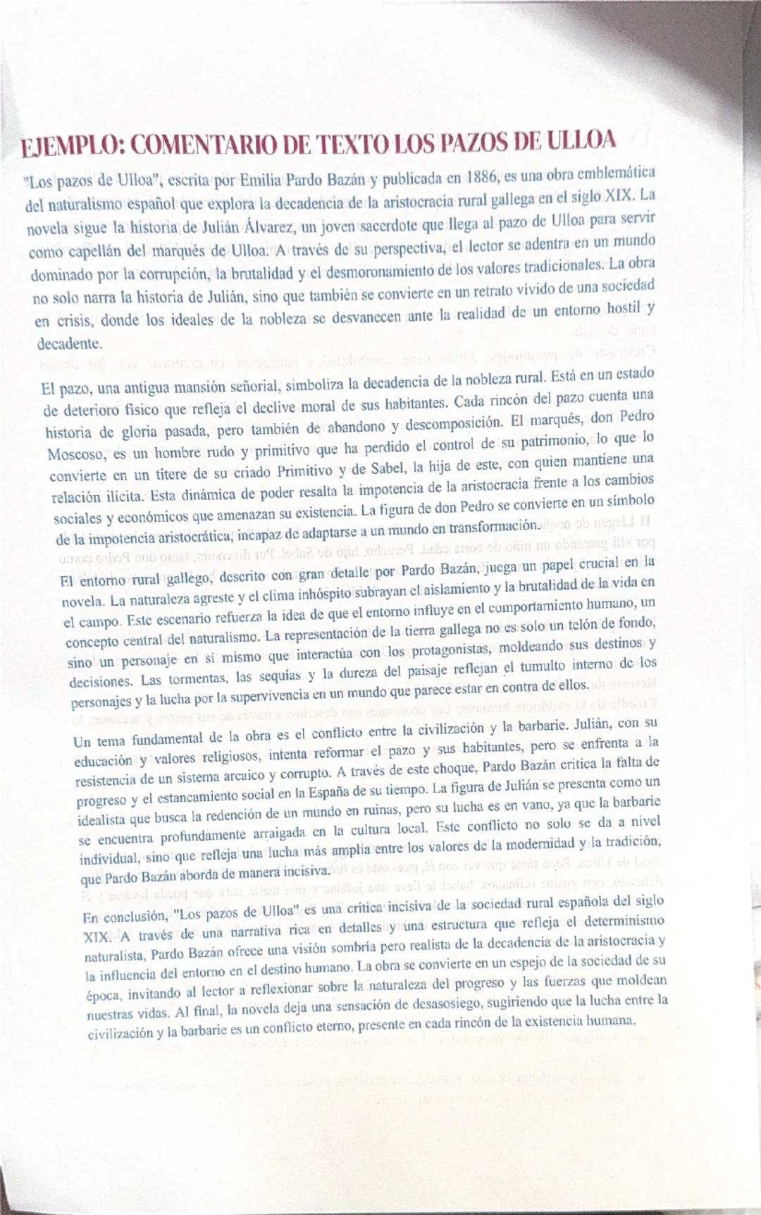 # EJEMPLO: COMENTARIO DE TEXTO LOS PAZOS DE ULLOA
"Los pazos de Ulloa", escrita por Emilia Pardo Bazán y publicada en 1886, es una obra embl