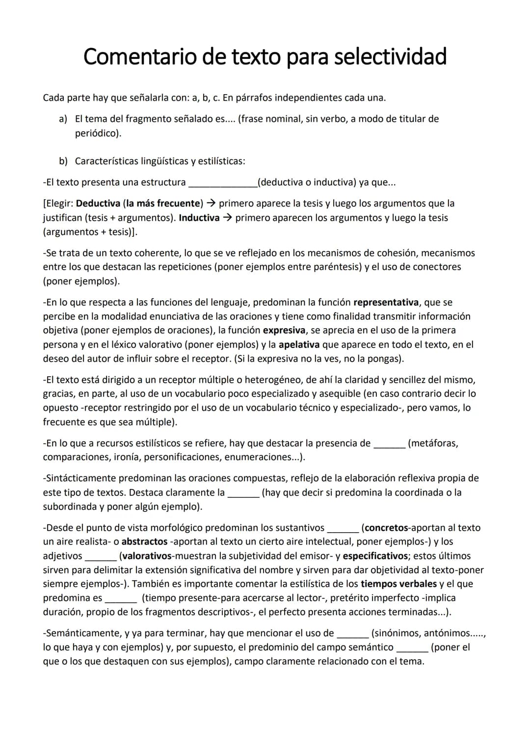 Comentario de texto para selectividad
Cada parte hay que señalarla con: a, b, c. En párrafos independientes cada una.
a) El tema del fragmen