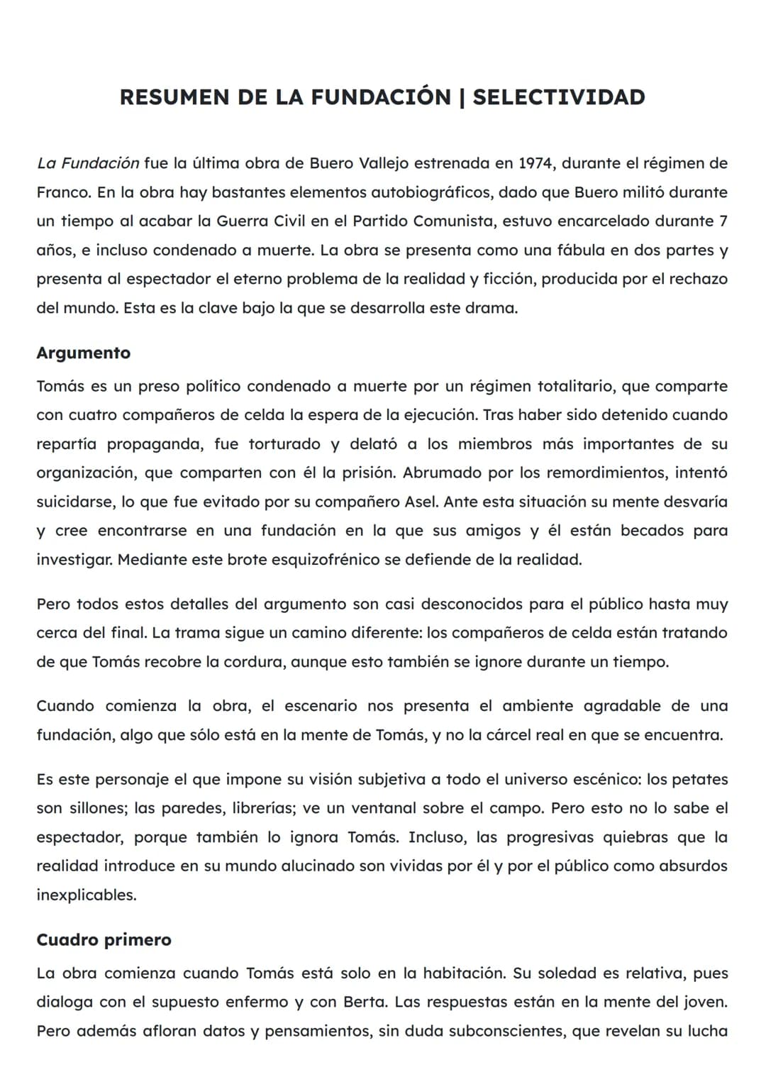 RESUMEN DE LA FUNDACIÓN | SELECTIVIDAD
La Fundación fue la última obra de Buero Vallejo estrenada en 1974, durante el régimen de
Franco. En 