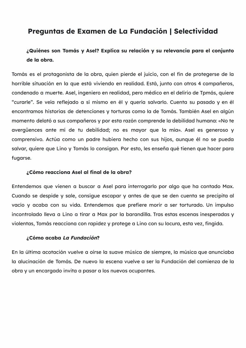 RESUMEN DE LA FUNDACIÓN | SELECTIVIDAD
La Fundación fue la última obra de Buero Vallejo estrenada en 1974, durante el régimen de
Franco. En 