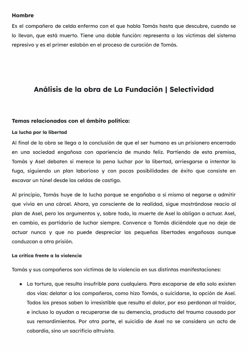 RESUMEN DE LA FUNDACIÓN | SELECTIVIDAD
La Fundación fue la última obra de Buero Vallejo estrenada en 1974, durante el régimen de
Franco. En 