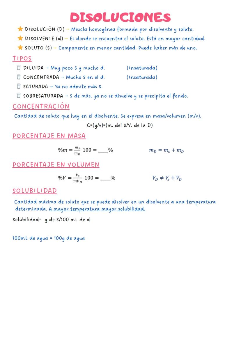 DISOLUCIONES
DISOLUCIÓN (D) Mezcla homogénea formada por disolvente y soluto.
DISOLVENTE (d) Es donde se encuentra el soluto. Está en mayor 