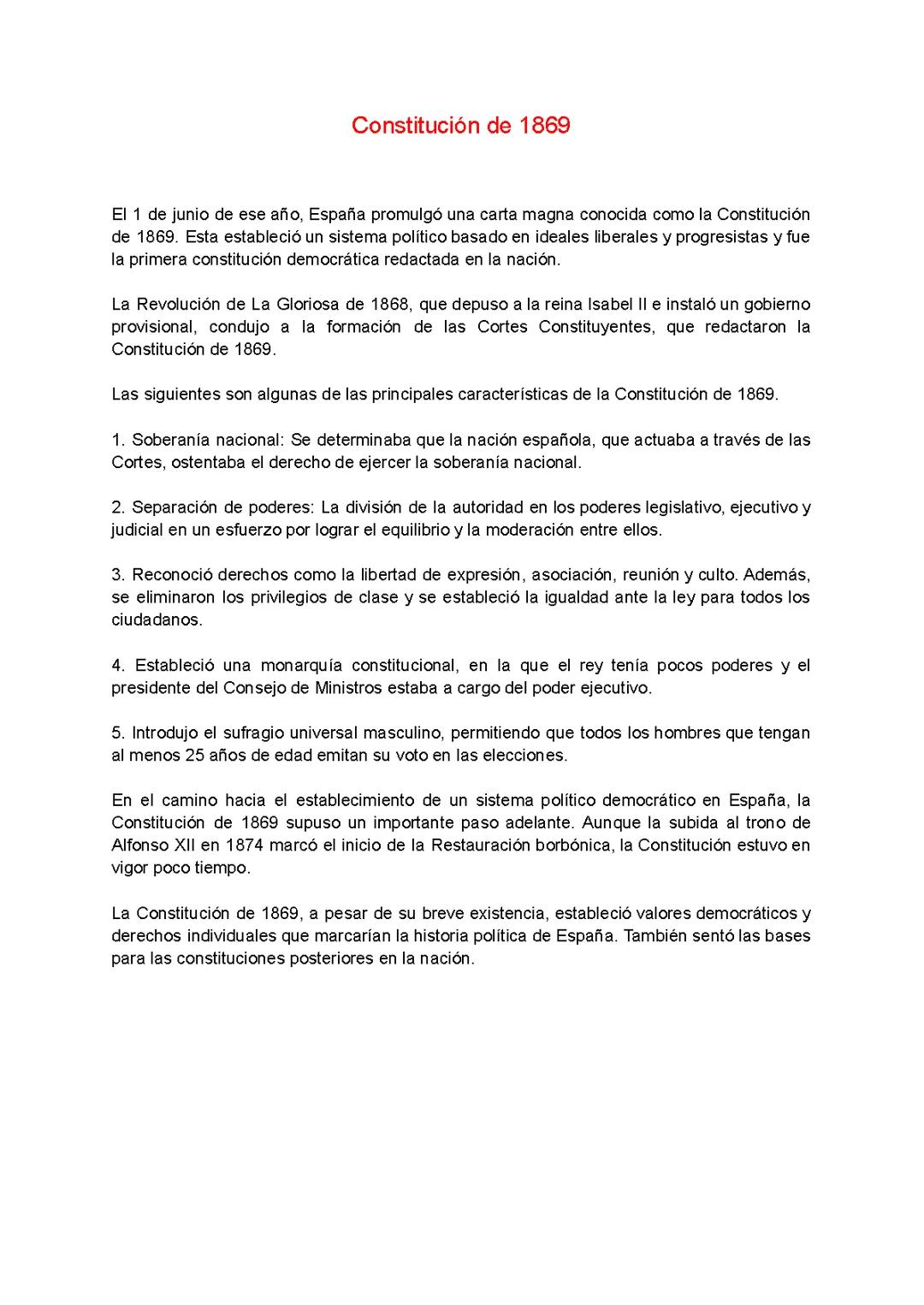 La Constitución de 1869 y su Impacto en la Historia de España