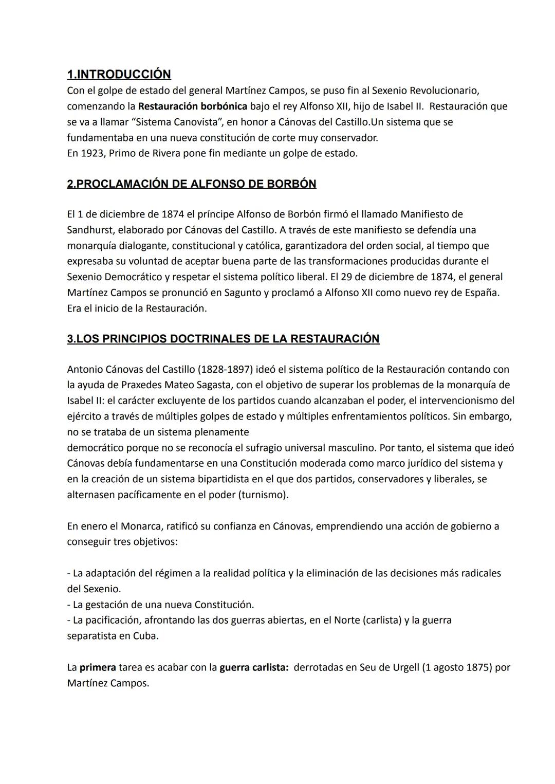 1.INTRODUCCIÓN
Con el golpe de estado del general Martínez Campos, se puso fin al Sexenio Revolucionario,
comenzando la Restauración borbóni