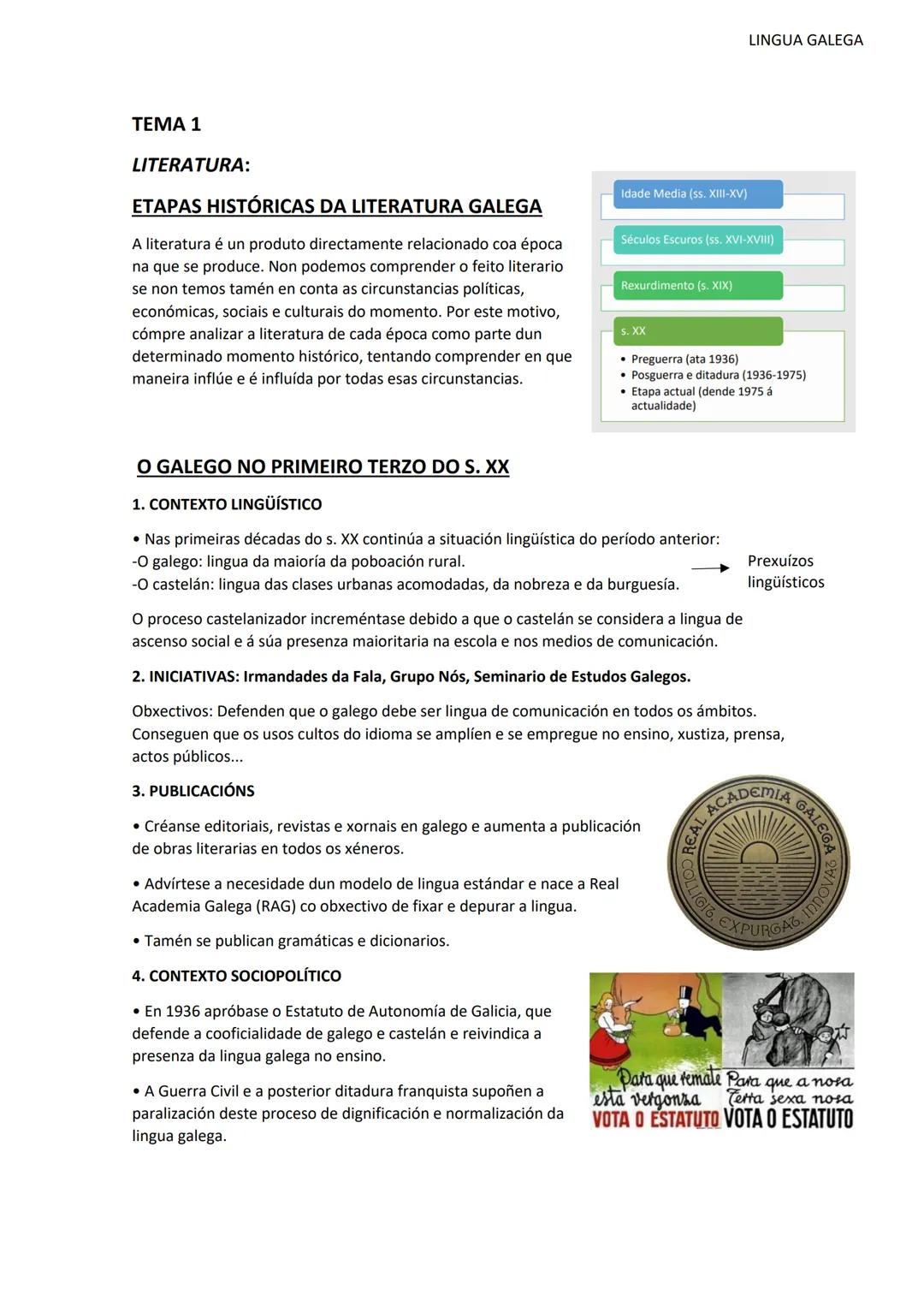 TEMA 1
LITERATURA:
ETAPAS HISTÓRICAS DA LITERATURA GALEGA
A literatura é un produto directamente relacionado coa época
na que se produce. No