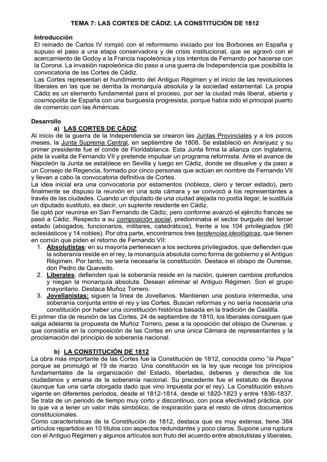 TEMA 7: LAS CORTES DE CÁDIZ. LA CONSTITUCIÓN DE 1812
Introducción
El reinado de Carlos IV rompió con el reformismo iniciado por los Borbones