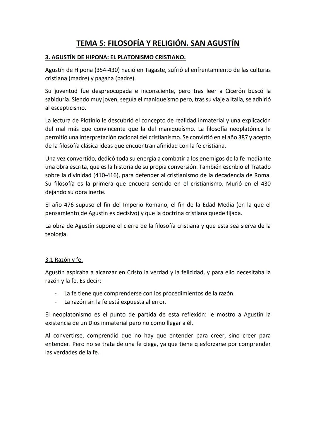 TEMA 5: FILOSOFÍA Y RELIGIÓN. SAN AGUSTÍN
3. AGUSTÍN DE HIPONA: EL PLATONISMO CRISTIANO.
Agustín de Hipona (354-430) nació en Tagaste, sufri