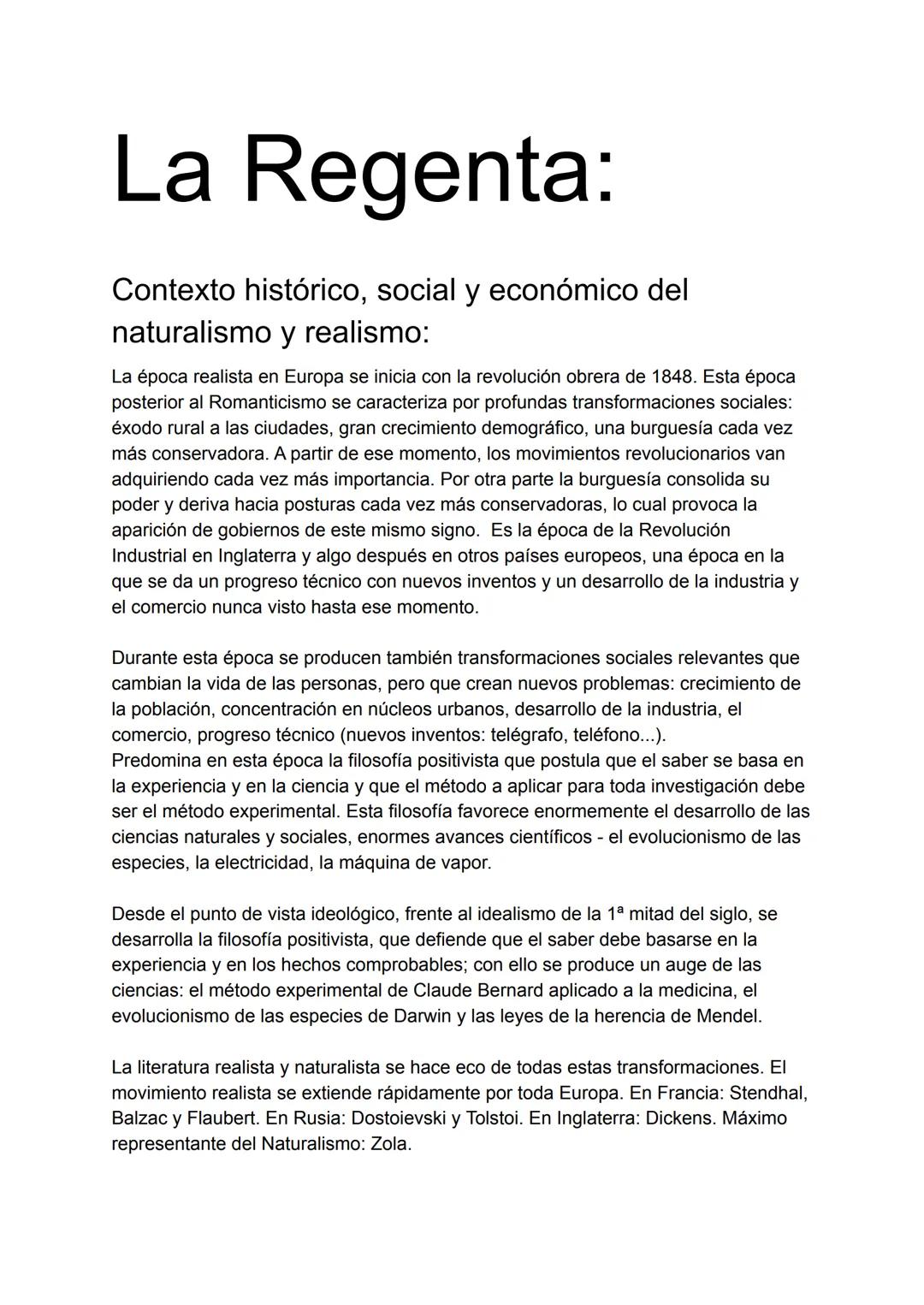 La Regenta:
Contexto histórico, social y económico del
naturalismo y realismo:
La época realista en Europa se inicia con la revolución obrer