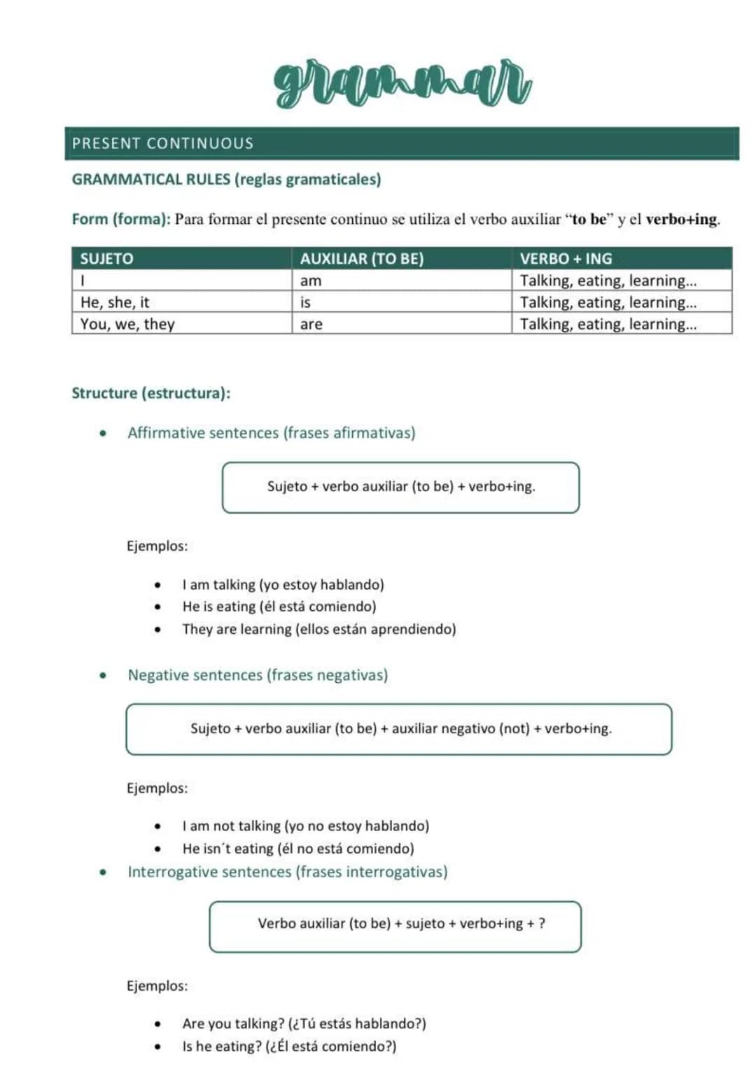 PRESENT CONTINUOUS
GRAMMATICAL RULES (reglas gramaticales)
Form (forma): Para formar el presente continuo se utiliza el verbo auxiliar "to b