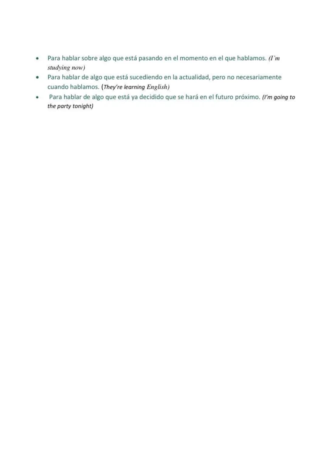 PRESENT CONTINUOUS
GRAMMATICAL RULES (reglas gramaticales)
Form (forma): Para formar el presente continuo se utiliza el verbo auxiliar "to b