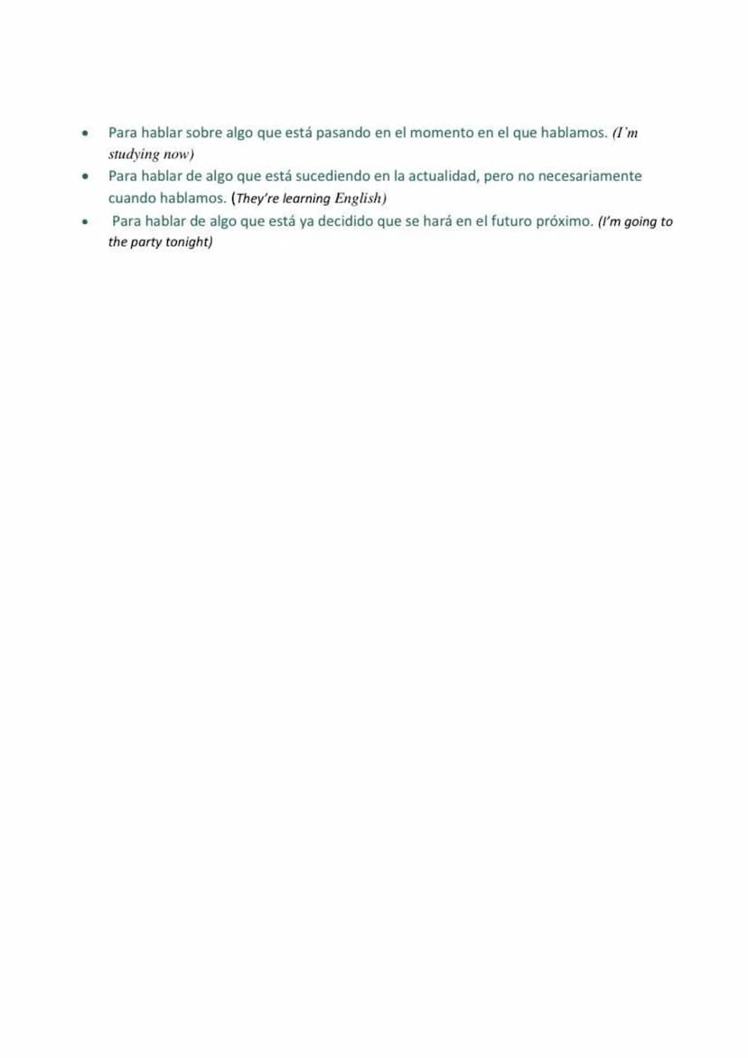PRESENT CONTINUOUS
GRAMMATICAL RULES (reglas gramaticales)
Form (forma): Para formar el presente continuo se utiliza el verbo auxiliar "to b