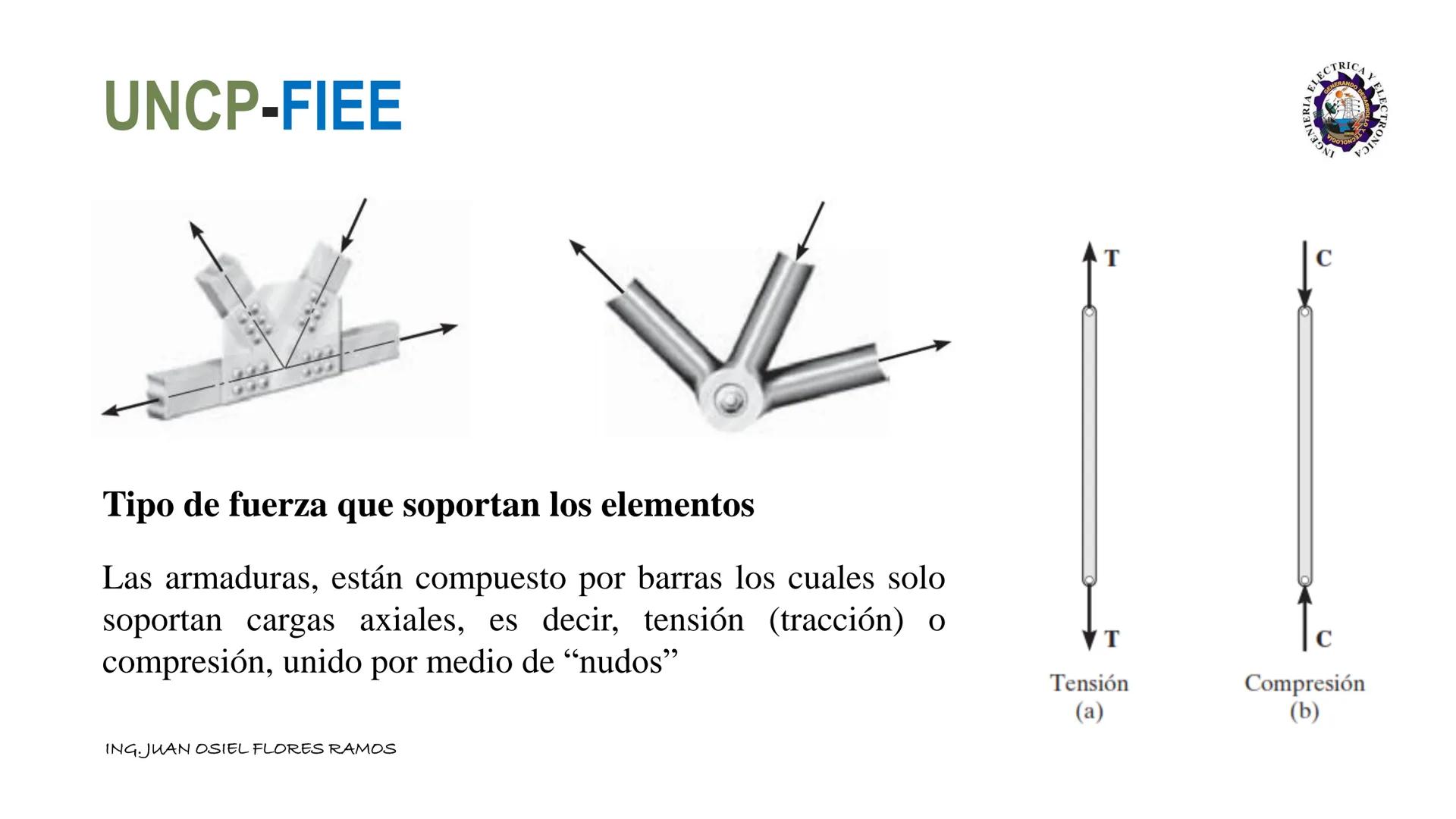 UNCP-FIEE
ARMADURAS
Una armadura es una estructura compuesta de elementos esbeltos unidos entre sí en sus
puntos extremos. Los elementos usa