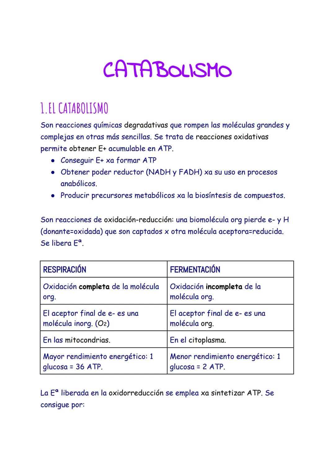 CATABOLISMO
1. EL CATABOLISMO
Son reacciones químicas degradativas que rompen las moléculas grandes y
complejas en otras más sencillas. Se t
