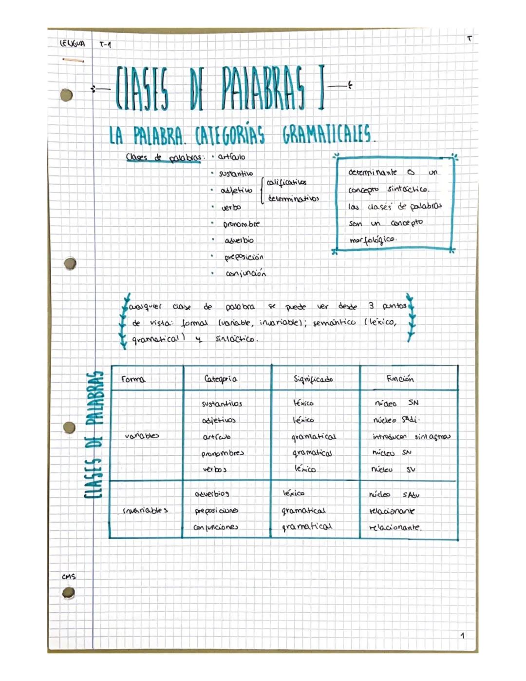 Resumen Tema 1 Lengua (Clases de palabras)