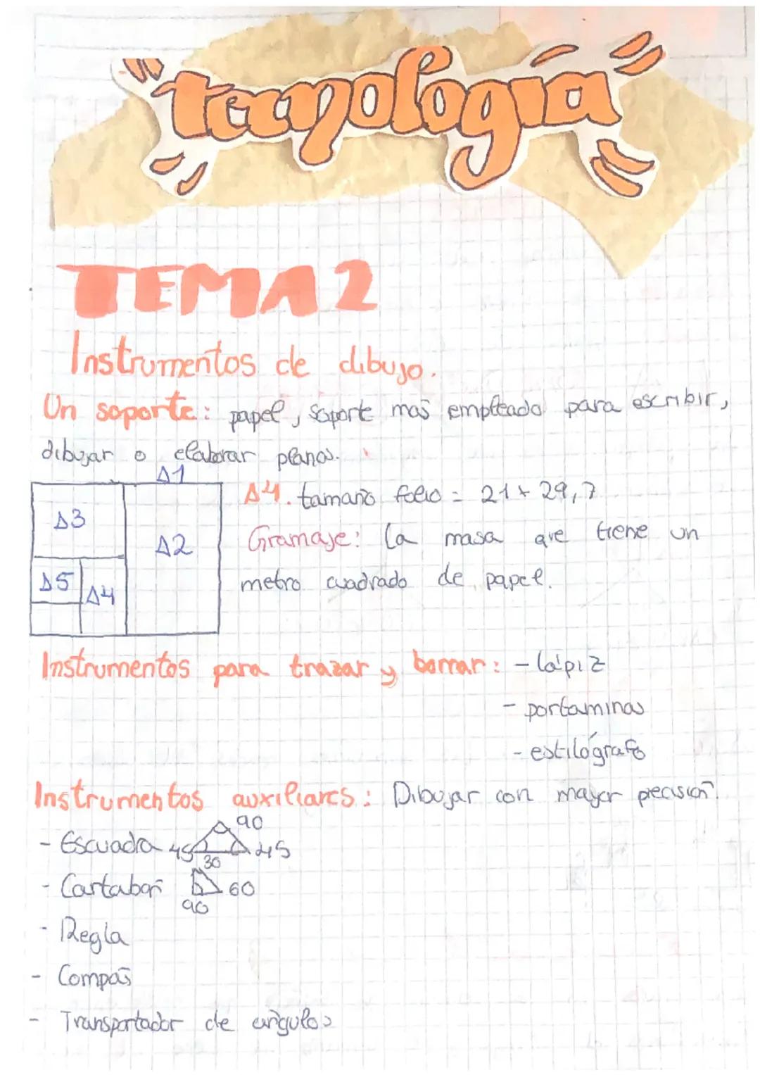 # Tecnología

# TEMA 2

Instrumentos de dibujo.

Un soporte: papel, soporte mas empleado para escribir,
dibujar o elaborar planos.

| A3 | A