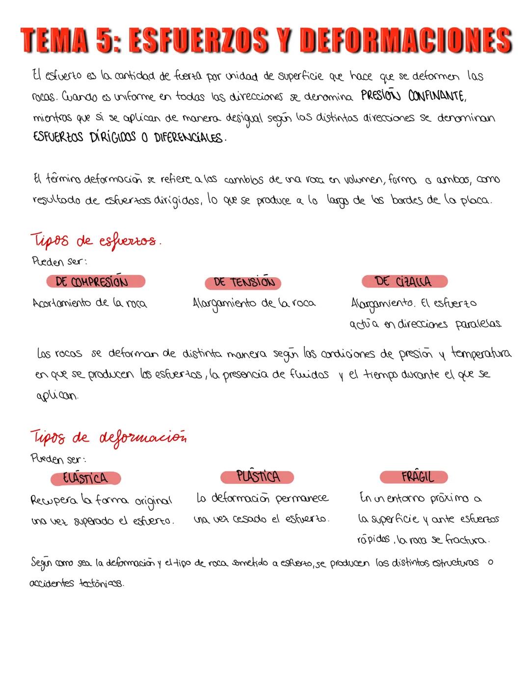 TEMA 5: ESFUERZOS Y DEFORMACIONES
El esfuerto es la cantidad de fuerza por unidad de superficie que hace que se deformen las
rocas. Cuando e